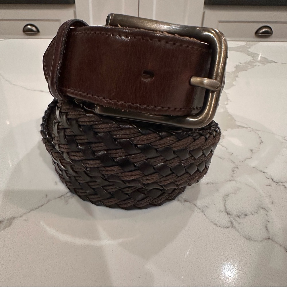 Talbots Mens Dark Brown Leather Braided Woven Belt 32-34 USA Preppy Business